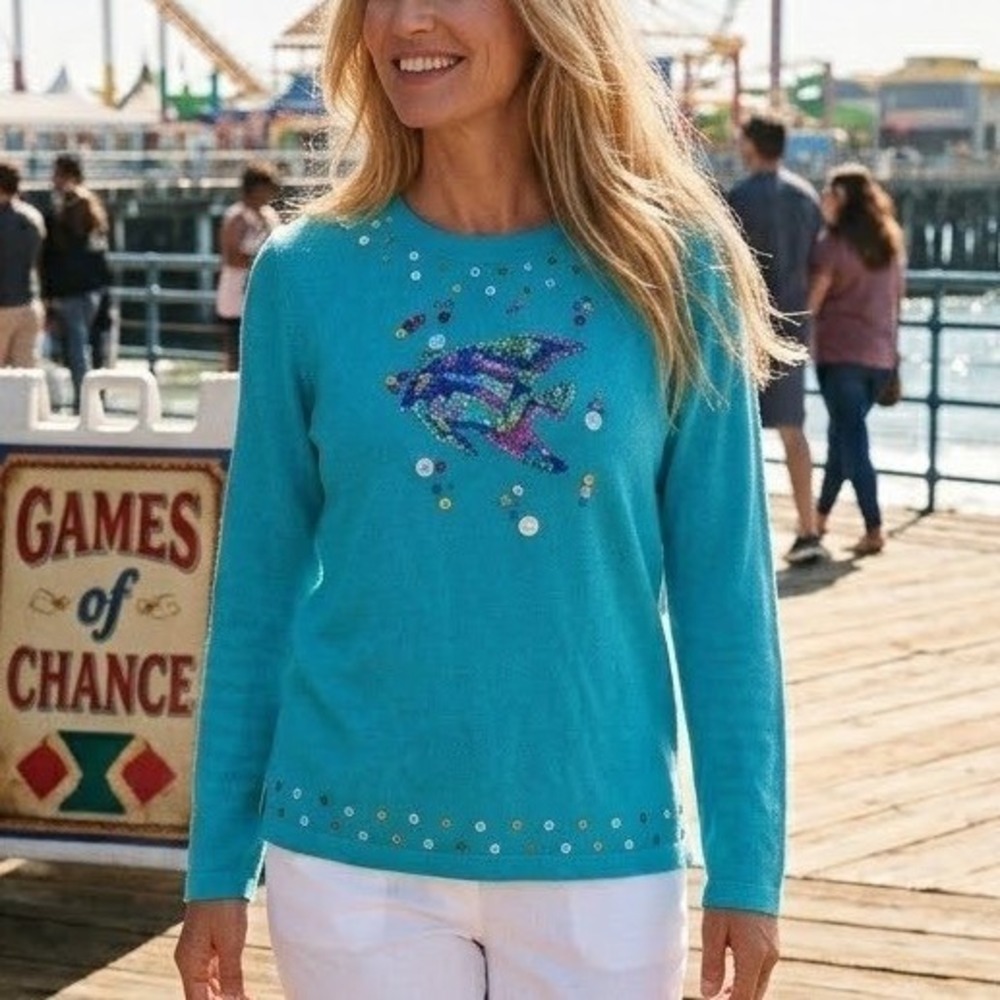 Quacker Factory Blue Cotton Sequin Fish Sweater Womens Large Long Sleeve Coastal